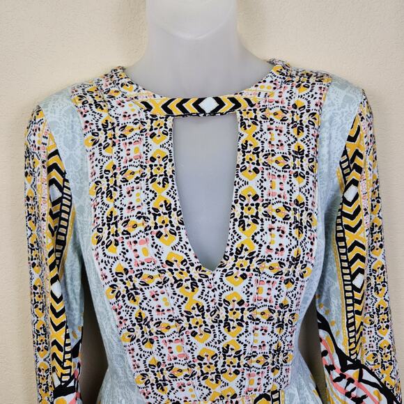 Free People Tegan Border Boho Mini Dress Floral Tunic Flowy Fairy Pockets Blue 4 - Picture 4 of 16